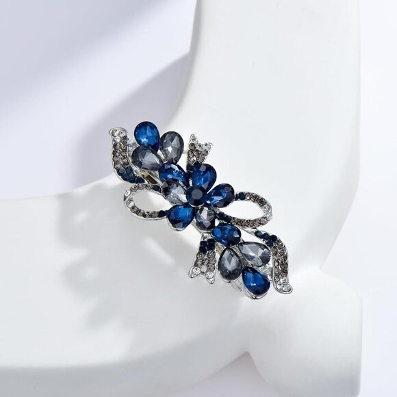 Navy Blue Flower Hair Clips Rhinestone Hairpins Elegant Gift for Women - Picture 4 of 8